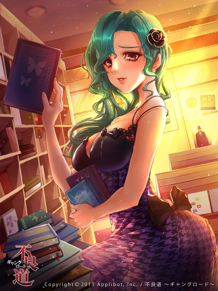 Anime picture 720x960 with furyou michi ~gang road~ wooju single long hair tall image breasts light erotic red eyes bare shoulders green hair girl dress hair ornament bow book (books) shelf bookshelf