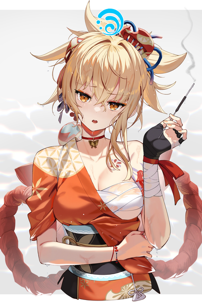 Anime picture 1665x2500 with genshin impact yoimiya (genshin impact) scottie (phantom2) single tall image looking at viewer fringe short hair open mouth light erotic simple background blonde hair hair between eyes upper body traditional clothes head tilt japanese clothes arm up grey background wet