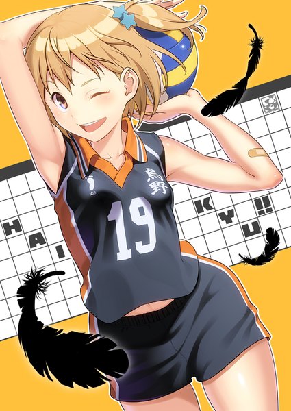 Anime picture 708x1000 with haikyuu!! production i.g hitoka yachi pairan single tall image blush short hair open mouth blonde hair smile brown eyes one eye closed wink inscription armpit (armpits) copyright name one side up girl uniform
