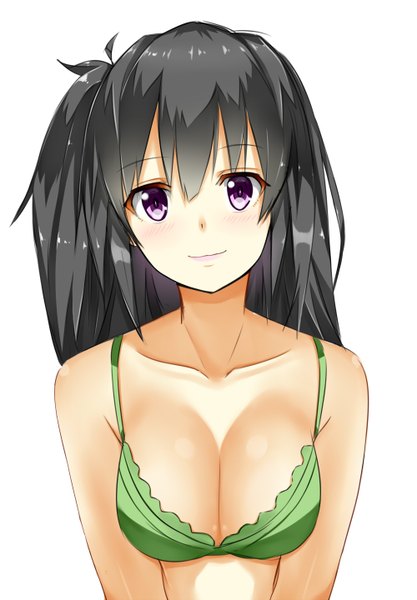 Anime picture 1000x1439 with original isshiki (ffmania7) single long hair tall image looking at viewer blush fringe breasts light erotic black hair large breasts white background purple eyes ponytail light smile shiny skin side ponytail portrait girl