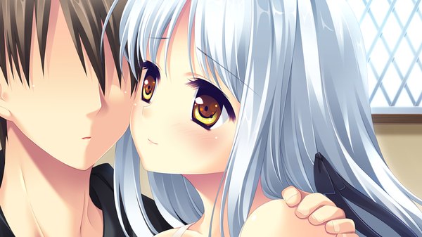 Anime picture 1024x576 with lovely quest sakuraba minaho long hair blush wide image yellow eyes game cg white hair couple girl boy ribbon (ribbons) hair ribbon