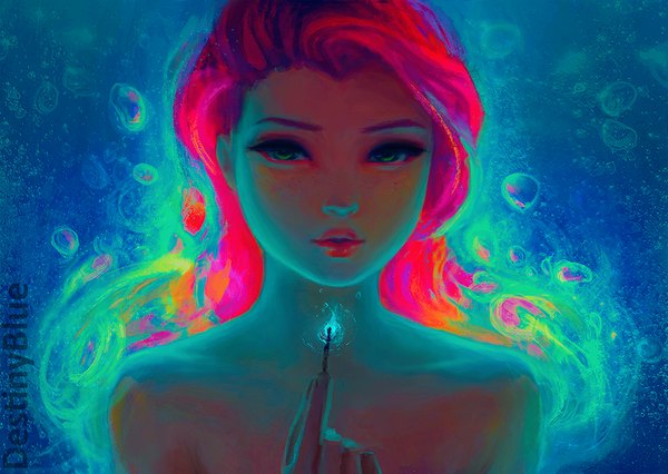 Anime picture 1134x807 with original destinyblue single long hair looking at viewer bare shoulders green eyes pink hair multicolored hair green hair two-tone hair close-up underwater girl water bubble (bubbles) fire