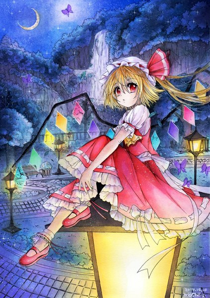 Anime picture 705x1000 with touhou flandre scarlet mosho single tall image looking at viewer blush short hair blonde hair red eyes sitting signed night one side up crescent traditional media waterfall watercolor (medium) girl skirt