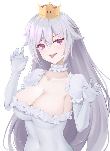 Anime picture 1228x1684 with super mario bros. new super mario bros. u deluxe princess king boo misaki159123 single long hair tall image looking at viewer blush fringe breasts light erotic simple background hair between eyes large breasts white background purple eyes payot silver hair upper body