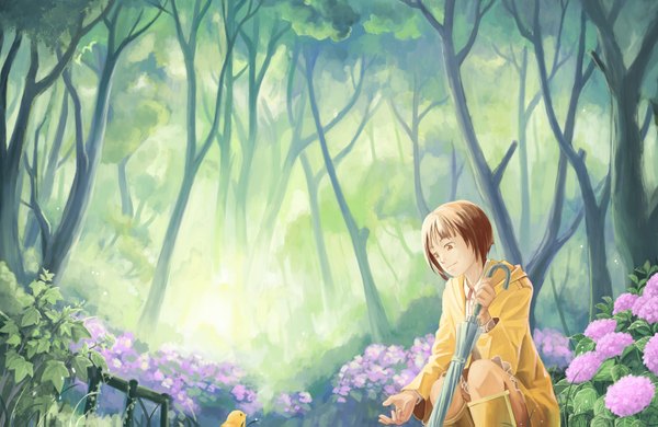 Anime picture 1500x975 with original yoshikattyu single short hair brown hair orange eyes closed umbrella girl flower (flowers) plant (plants) animal tree (trees) bird (birds) umbrella