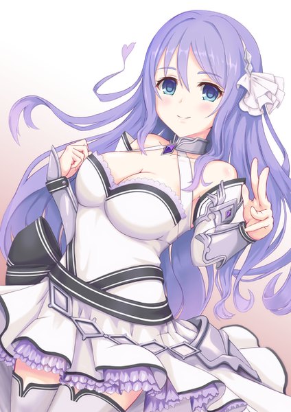 Anime picture 868x1228 with princess connect! re:dive princess connect! shizuru (princess connect!) naish373737 single long hair tall image looking at viewer blush fringe breasts blue eyes simple background smile hair between eyes large breasts white background bare shoulders cleavage purple hair