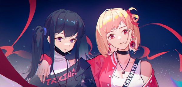 Anime picture 1901x914 with lycoris recoil nishikigi chisato inoue takina j fang long hair looking at viewer fringe highres short hair black hair blonde hair hair between eyes red eyes wide image purple eyes twintails multiple girls upper body head tilt mask pull