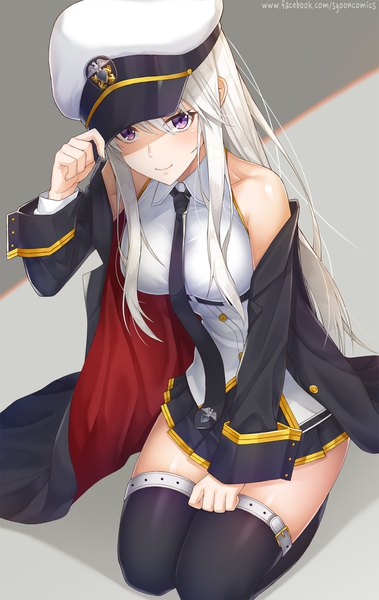 Anime picture 1139x1800 with azur lane enterprise (azur lane) s-goon single long hair tall image looking at viewer blush fringe breasts smile hair between eyes large breasts sitting purple eyes bare shoulders payot silver hair indoors long sleeves