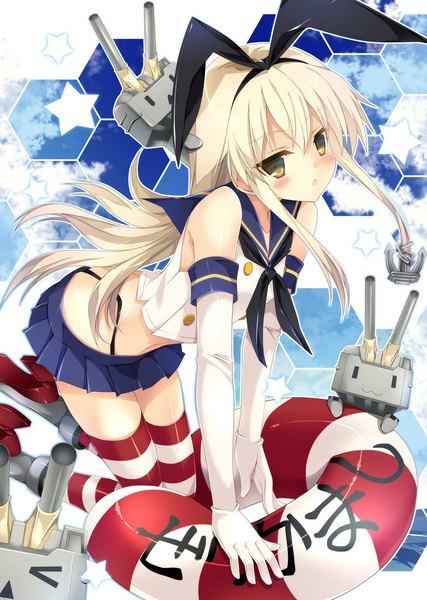 Anime picture 850x1193 with kantai collection shimakaze destroyer rensouhou-chan kobayashi chisato single long hair tall image looking at viewer blush blonde hair bare shoulders brown eyes :3 > < girl thighhighs gloves bow weapon hair bow