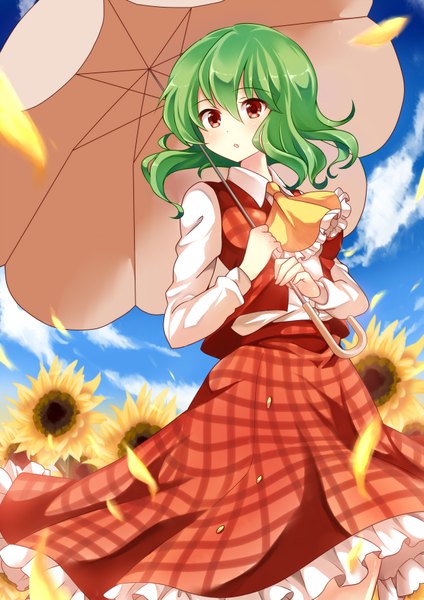 Аниме картинка 2479x3507 с touhou казами юка chako (chakoxxx) один (одна) высокое изображение высокое разрешение короткие волосы красные глаза облако (облака) зелёные волосы девушка юбка лепестки зонт комплект с юбкой подсолнечник