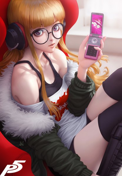 Anime picture 900x1300 with persona 5 persona sakura futaba necronomicon (persona 5) artgerm (stanley lau) long hair tall image looking at viewer fringe purple eyes bare shoulders holding bent knee (knees) blunt bangs parted lips lips orange hair realistic open jacket zettai ryouiki