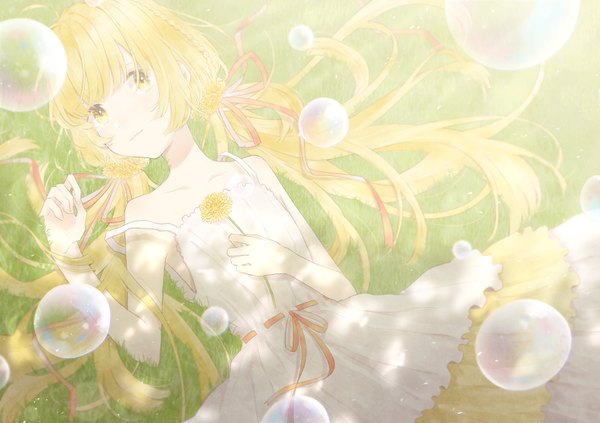Anime picture 1417x1000 with original necojishi single long hair fringe blonde hair twintails yellow eyes payot lying on back low twintails strap slip girl dress flower (flowers) ribbon (ribbons) plant (plants) hair ribbon grass