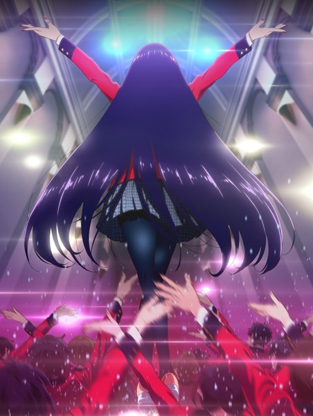 Anime picture 2044x2710 with kakegurui jabami yumeko long hair tall image highres black hair standing indoors nail polish pleated skirt from behind official art from below plaid skirt light spread arms solo focus crossed legs (standing) girl skirt