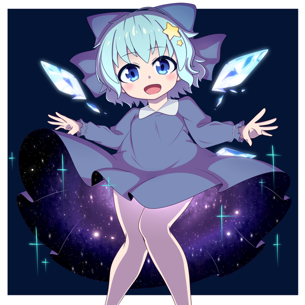 Anime-Bild 2500x2500 mit touhou cirno shikabane homura single looking at viewer highres short hair blue eyes light erotic simple background smile blue hair long sleeves border blue background starry sky print space print double exposure girl dress