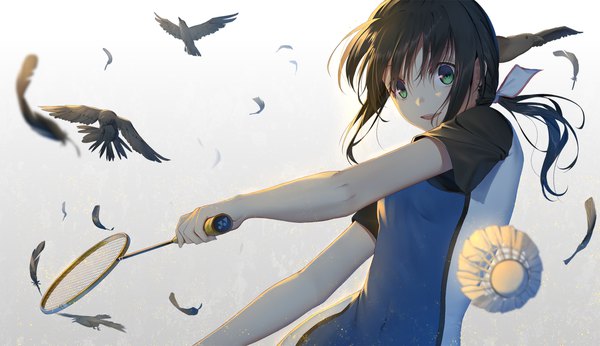 Anime-Bild 1920x1108 mit hanebado! hanesaki ayano ji dao ji single long hair looking at viewer fringe highres open mouth brown hair wide image green eyes upper body :d outstretched arm low ponytail girl animal bird (birds) feather (feathers)