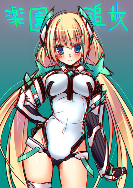 Anime picture 724x1023 with expelled from paradise angela balzac sorai shin'ya single long hair tall image looking at viewer blush light erotic simple background blonde hair smile twintails aqua eyes copyright name hand on hip gradient background low twintails covered navel ass visible through thighs