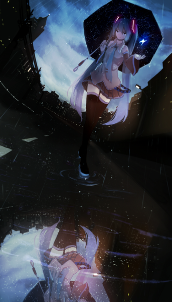 Anime picture 487x850 with vocaloid hatsune miku shimmer single long hair tall image looking at viewer fringe twintails holding blue hair sky outdoors pleated skirt wide sleeves zettai ryouiki outstretched arm glowing reflection rain