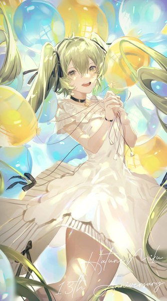 Anime picture 2286x4096 with vocaloid hatsune miku hatachi8p single tall image looking at viewer fringe highres open mouth smile hair between eyes standing twintails holding green eyes very long hair :d green hair teeth short sleeves