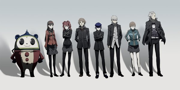 Anime picture 2000x1000 with persona 4 persona kujikawa rise satonaka chie amagi yukiko shirogane naoto narukami yuu hanamura yousuke kuma (persona 4) tatsumi kanji sami (object dump) long hair highres short hair blue eyes blonde hair brown hair wide image standing twintails