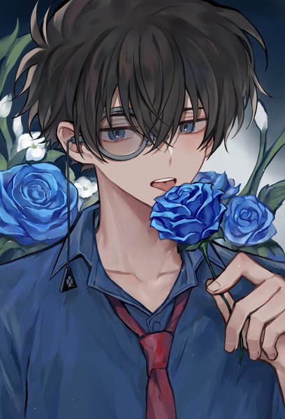 Anime picture 800x1177 with detective conan magic kaito kuroba kaito ha nee2 single tall image looking at viewer fringe short hair open mouth blue eyes black hair hair between eyes holding upper body portrait dark background open collar licking boy