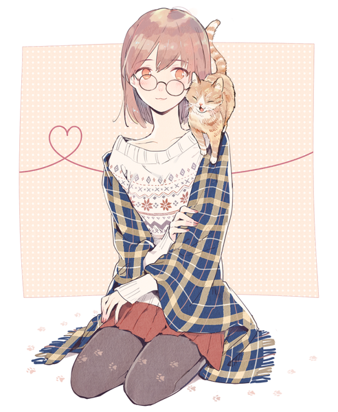 Anime picture 820x1000 with original horiizumi inko single tall image short hair brown hair sitting full body nail polish orange eyes :3 plaid seiza animal on shoulder heart of string footprints girl animal pantyhose glasses