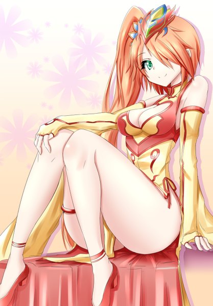 Anime picture 1000x1438 with puzzle & dragons leilan (p&d) minato yoshihiro single long hair tall image fringe highres light erotic smile sitting green eyes cleavage ponytail hair over one eye orange hair arm support no bra high heels no panties