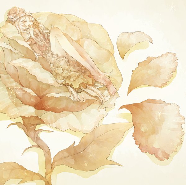 Anime picture 1874x1873 with original mizutamari tori single long hair blush highres simple background blonde hair lying eyes closed barefoot hair flower legs leg lift (legs lift) hand to mouth minigirl girl hair ornament flower (flowers) petals