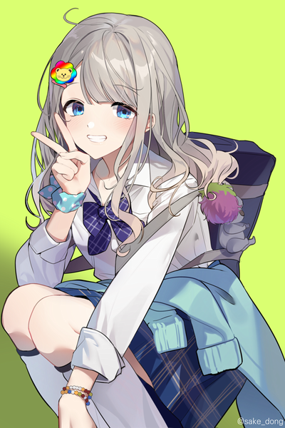 Anime picture 1333x2000 with idolmaster idolmaster shiny colors serizawa asahi sake dong single long hair tall image blue eyes simple background smile signed ahoge grey hair twitter username grin victory squat twisty sleeves green background clothes around waist