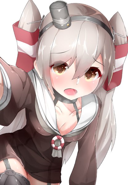 Anime picture 800x1157 with kantai collection amatsukaze destroyer boruhis single long hair tall image looking at viewer blush fringe open mouth light erotic simple background hair between eyes white background brown eyes from above grey hair two side up symbol-shaped pupils flat chest