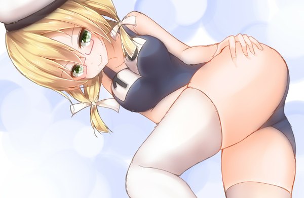 Anime picture 1229x802 with kantai collection i-8 submarine mizushina minato single long hair looking at viewer blush light erotic blonde hair smile twintails bare shoulders green eyes hand on hip looking down girl thighhighs bow swimsuit hair bow