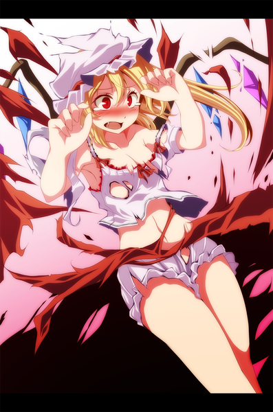 Anime picture 993x1500 with touhou flandre scarlet s-syogo single tall image blush short hair open mouth light erotic blonde hair red eyes teeth fang (fangs) one side up girl navel wings bonnet crystal