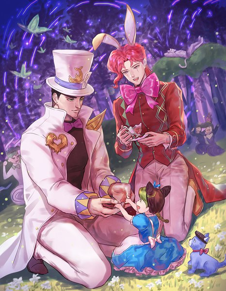 Anime picture 700x900 with jojo no kimyou na bouken alice in wonderland kujo jotaro kujo jolyne kakyoin noriaki kankito tall image fringe short hair open mouth black hair smile brown hair sitting holding green eyes animal ears looking away full body outdoors