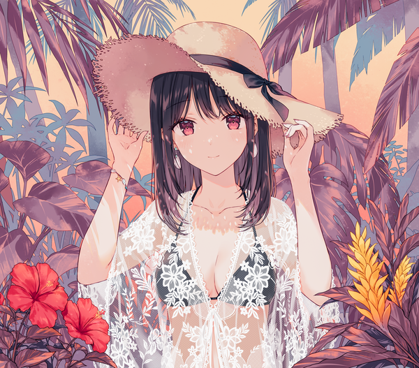 Anime picture 2000x1758 with original hiten (hitenkei) single long hair looking at viewer blush fringe highres breasts black hair red eyes sky cleavage upper body outdoors blunt bangs light smile wide sleeves arms up floral print