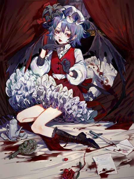 Anime picture 960x1280 with touhou remilia scarlet tian (my dear) single tall image looking at viewer fringe short hair hair between eyes red eyes blue hair full body indoors pointy ears lipstick red lipstick bat wings tea set girl gloves