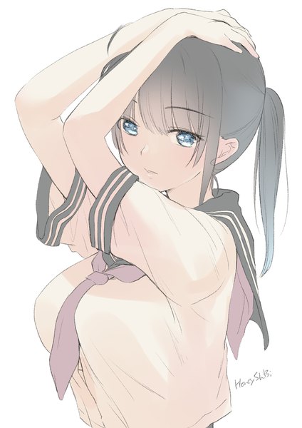 Anime picture 1240x1754 with original shibi single long hair tall image looking at viewer fringe breasts blue eyes black hair simple background large breasts white background signed payot upper body ponytail blunt bangs parted lips arms up