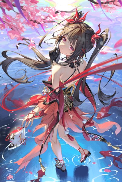 Anime picture 2160x3216 with honkai: star rail honkai (series) sparkle (honkai: star rail) al guang single long hair tall image looking at viewer highres black hair twintails full body nail polish pink eyes looking back from above from behind partially submerged cherry blossoms shaded face