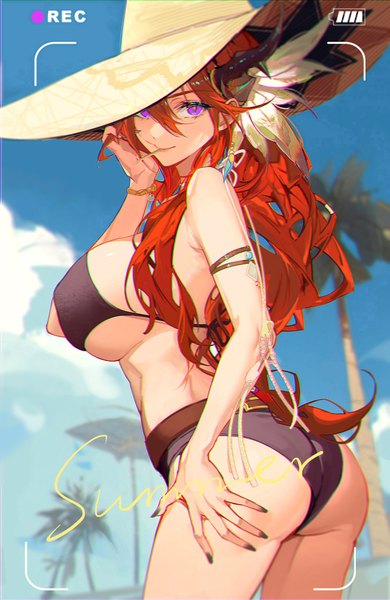 Anime picture 1000x1537 with arknights surtr (arknights) drive shot single long hair tall image looking at viewer fringe breasts light erotic smile hair between eyes large breasts standing purple eyes holding sky cloud (clouds) outdoors ass