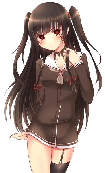 Anime picture 1299x2125 with kantai collection isokaze destroyer zhou yu (ppaaqz1995) single long hair tall image looking at viewer blush black hair red eyes white background two side up tress ribbon amatsukaze destroyer (cosplay) girl thighhighs ribbon (ribbons) hair ribbon single thighhigh sailor suit