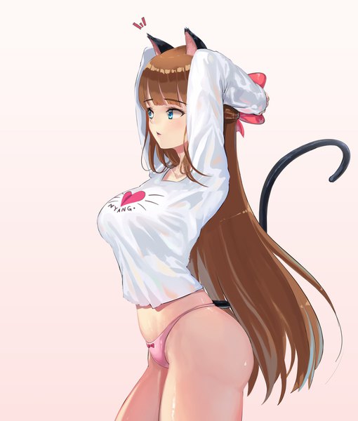 Anime picture 1500x1763 with original kyo (user jpfr5738) single long hair tall image blush fringe breasts blue eyes light erotic simple background brown hair standing animal ears looking away tail blunt bangs long sleeves parted lips animal tail