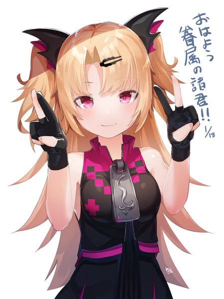 Anime picture 800x1068 with virtual youtuber uni channel akatsuki uni meth (emethmeth) single long hair tall image looking at viewer simple background blonde hair white background upper body pink eyes two side up sleeveless text victory girl gloves bobby pin