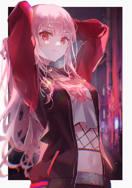 Anime picture 2881x4096 with virtual youtuber hololive hololive english mori calliope mori calliope (streetwear) oyuyu single long hair tall image looking at viewer blush fringe highres breasts red eyes standing pink hair ponytail blunt bangs long sleeves