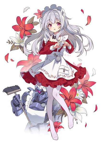 Anime picture 2893x4093 with honkai: star rail honkai (series) clara (honkai: star rail) svarog (honkai: star rail) yaruwashi long hair tall image looking at viewer fringe highres hair between eyes silver hair pink eyes maid no shoes floral background heart hands girl uniform flower (flowers)
