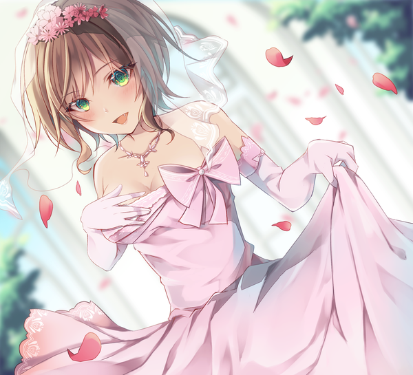 Anime picture 2200x2000 with idolmaster idolmaster cinderella girls maekawa miku akisaki single looking at viewer blush fringe highres short hair breasts open mouth brown hair large breasts standing green eyes :d blurry dutch angle depth of field