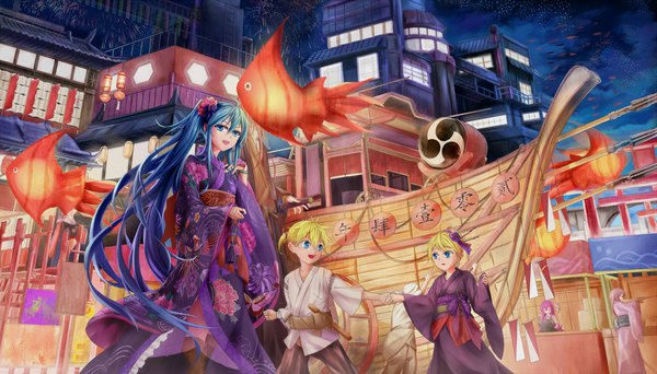 Anime picture 2000x1142 with vocaloid hatsune miku kagamine rin kagamine len kin toki long hair looking at viewer highres short hair blue eyes blonde hair wide image twintails multiple girls blue hair pink hair very long hair traditional clothes japanese clothes hair flower