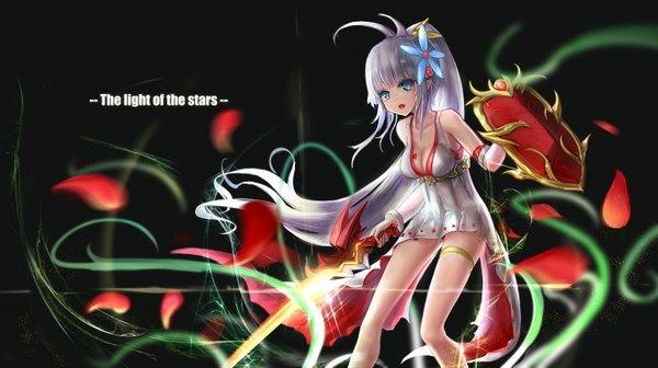 Anime picture 1450x813 with dungeon and fighter wangchuan de quanyan single breasts open mouth blue eyes wide image silver hair ponytail very long hair legs girl hair ornament weapon sword shield