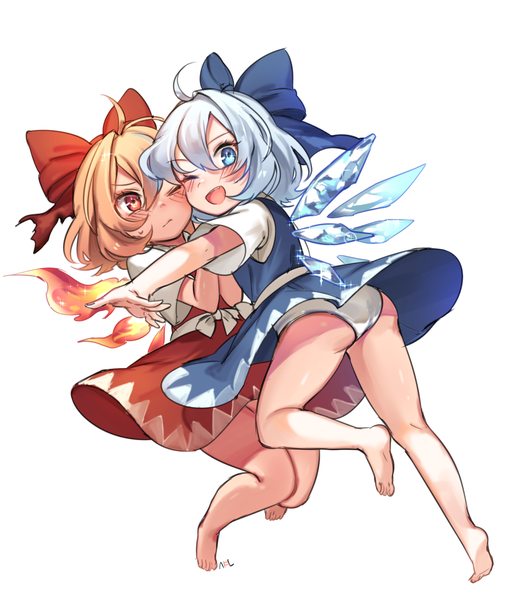 Anime picture 1400x1600 with touhou cirno achi cirno shan tall image looking at viewer blush open mouth blue eyes light erotic simple background smile red eyes white background multiple girls blue hair full body ahoge ass one eye closed