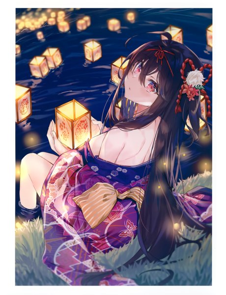 Anime picture 2919x3805 with original eshi 100-nin ten nanakagura single long hair tall image looking at viewer blush fringe highres breasts light erotic black hair hair between eyes sitting bent knee (knees) traditional clothes head tilt japanese clothes pink eyes