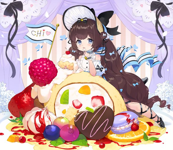 Anime picture 1450x1255 with original tonito single looking at viewer blush fringe blue eyes brown hair very long hair finger to mouth eating girl bow hair bow hat detached sleeves food sweets berry (berries) strawberry