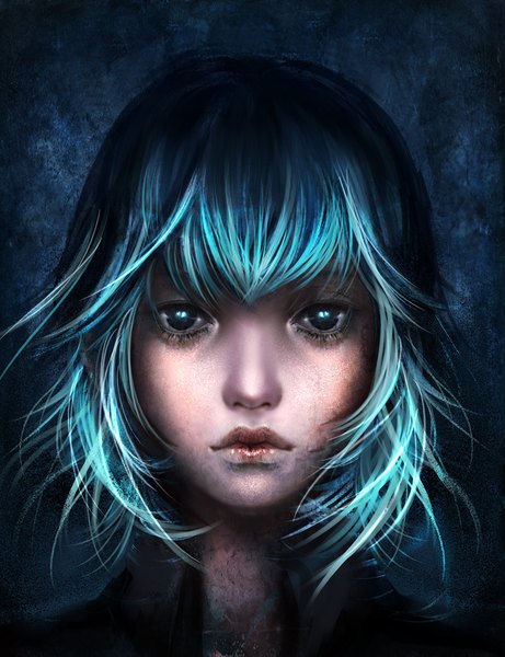 Anime picture 1180x1534 with sangrde single tall image looking at viewer highres short hair blue hair lips black eyes realistic dark background face girl
