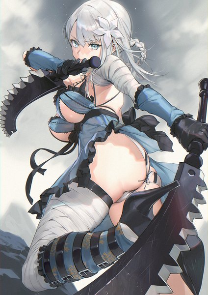 Anime picture 1131x1600 with nier kaine (nier) mhk (mechamania) single tall image looking at viewer fringe short hair breasts blue eyes light erotic hair between eyes large breasts standing holding ass white hair braid (braids) hair flower from behind
